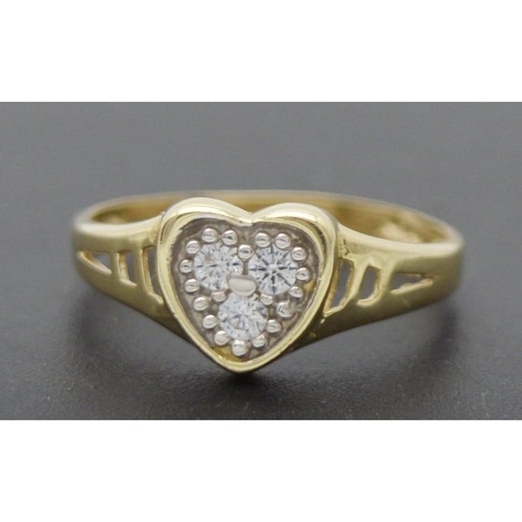 Real 10k Yellow Solid Gold Shiny Heart CZ Pinky Childrens Ring Size 4 - Picture 1 of 4